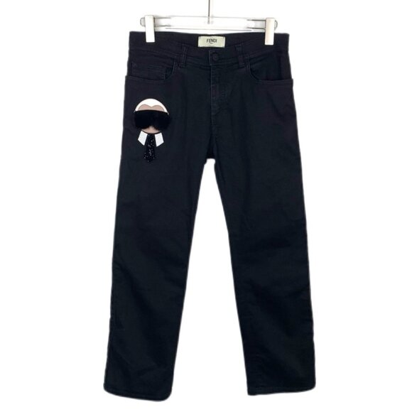 Fendi Black Leather Patch Denim Jeans